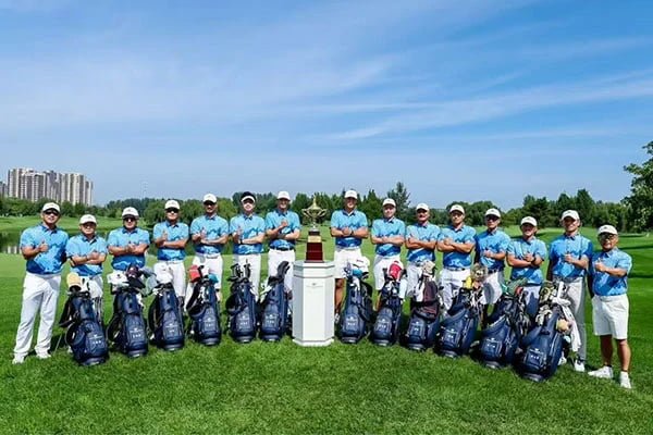 Golf club members wearing custom team shirts