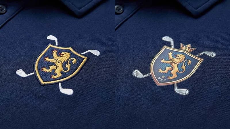 A detailed club crest shown in both embroidered and heat transfer versions.