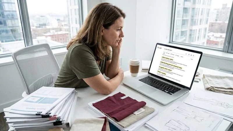 A brand owner looking at a computer screen showing search results for fabric safety.