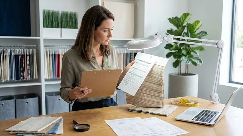 A buyer reviewing a checklist while inspecting a fabric sample.