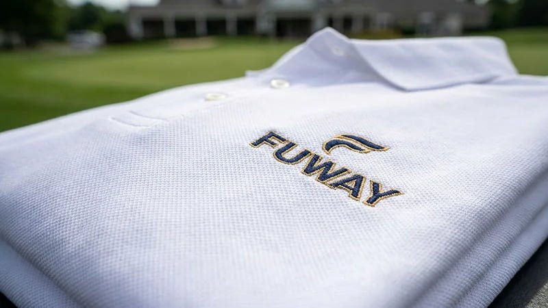 A close-up of a classic white piqué golf polo with an embroidered logo.