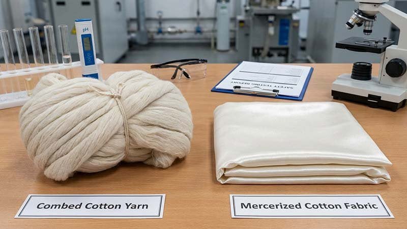 A side-by-side comparison of combed cotton yarn and mercerized cotton fabric.