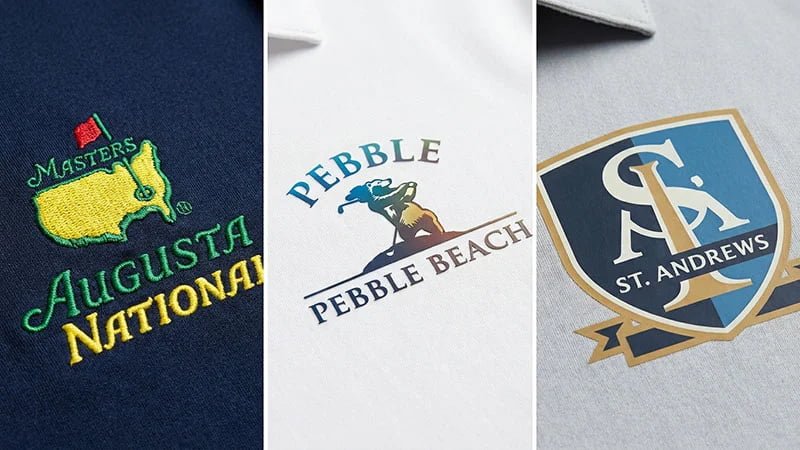 A side-by-side comparison of embroidery, heat transfer, and screen printing on polo fabric.