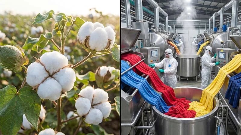 A split image showing raw cotton bolls on one side and a fabric dyeing machine on the other.