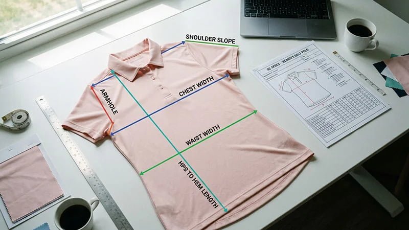 A diagram showing key Points of Measure (POMs) on a women's polo shirt pattern.