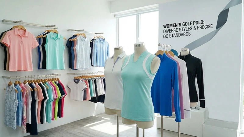 A collection of different women's polo styles: short-sleeve, sleeveless, and long-sleeve.