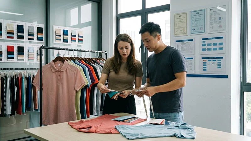 A buyer meeting with a supplier in a factory showroom, inspecting garment samples.