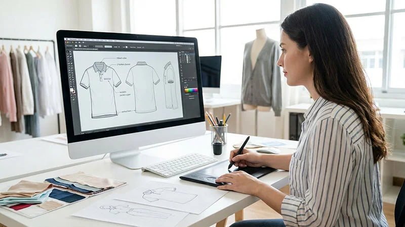 a detailed technical flat drawing of a golf shirt on a computer screen