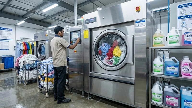 A large industrial washing machine tumbling finished garments.