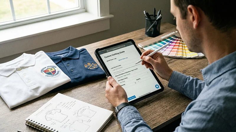 A person filling out a detailed online quote form for custom apparel.