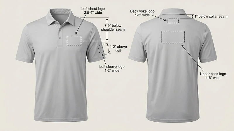 A diagram showing the primary logo placement zones on a golf shirt.
