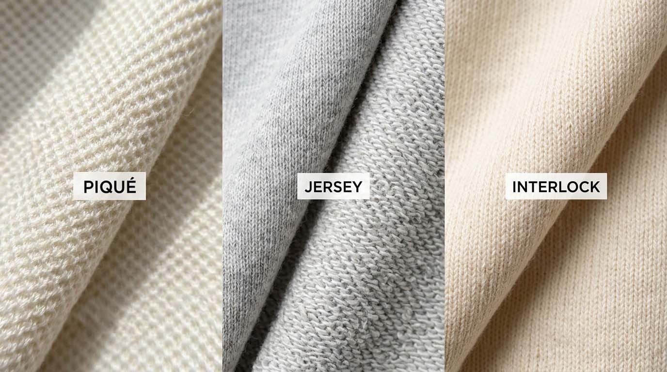 A macro shot showing the different knit structures of piqué, jersey, and interlock.
