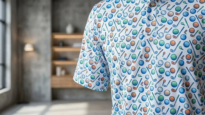 A modern golf polo with a vibrant, all-over print on smooth jersey fabric.