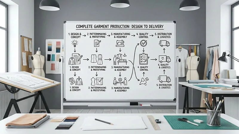 A flowchart showing the apparel production workflow from design to shipping.