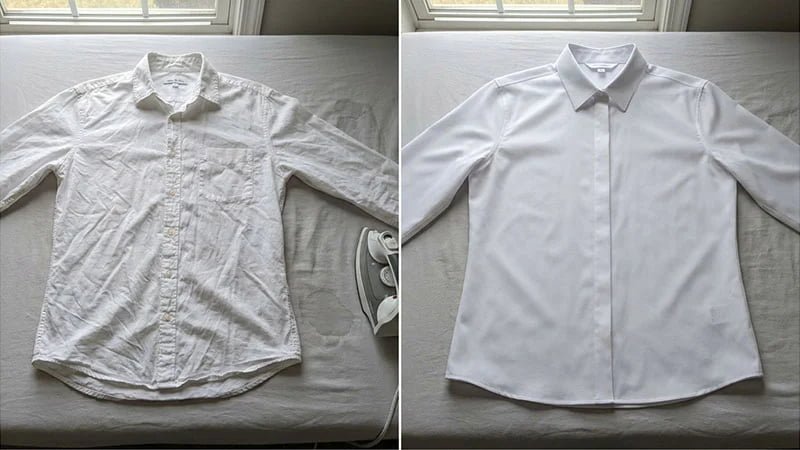A wrinkled cotton shirt next to a smooth polyester shirt.