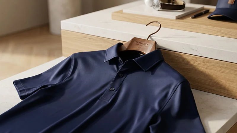A premium interlock golf polo displayed elegantly in a retail setting.