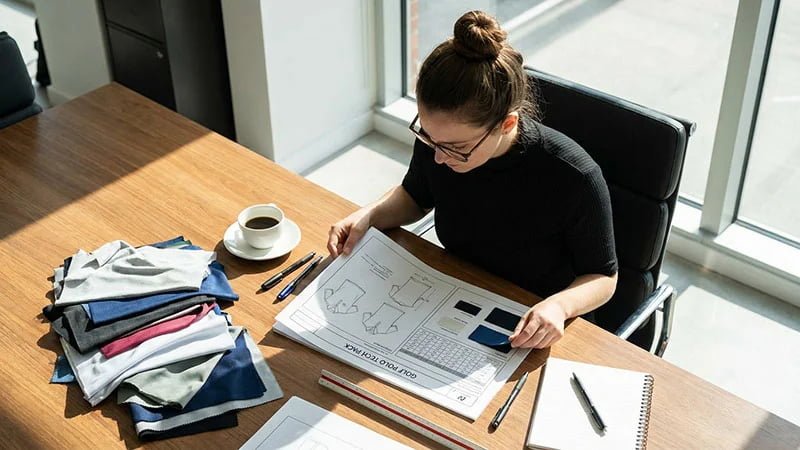A designer reviewing a tech pack for a golf skort.