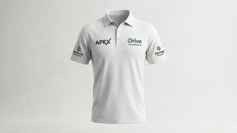 Examples of professional golf polos with multiple sponsor logos placed cleanly.