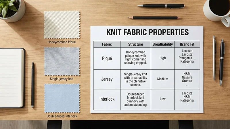 A design table comparing swatches of piqué, jersey, and interlock fabrics.