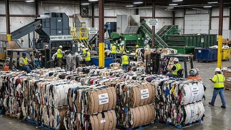 Bales of sorted textile waste ready for recycling into cotton fiber.
