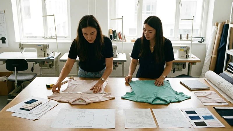 A designer comparing a bulk production polo to the original approved sample.