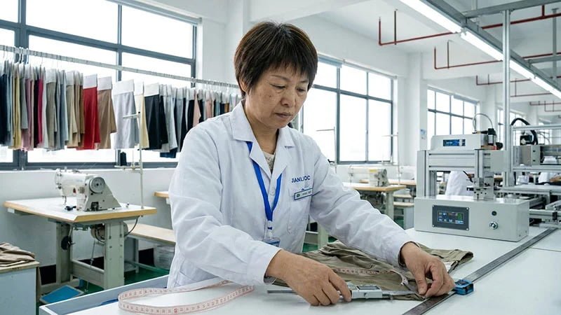 A quality control expert measuring a garment on a production line.