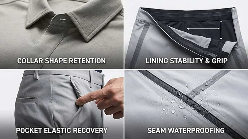 An exploded view showing the construction layers of a technical golf jacket.
