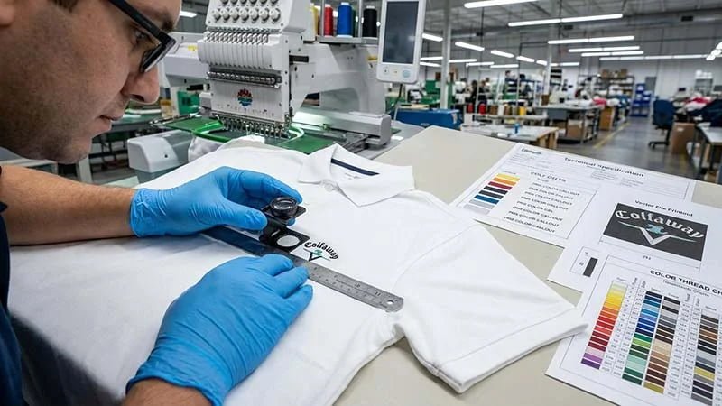A technician inspecting embroidery stitch density on a machine.
