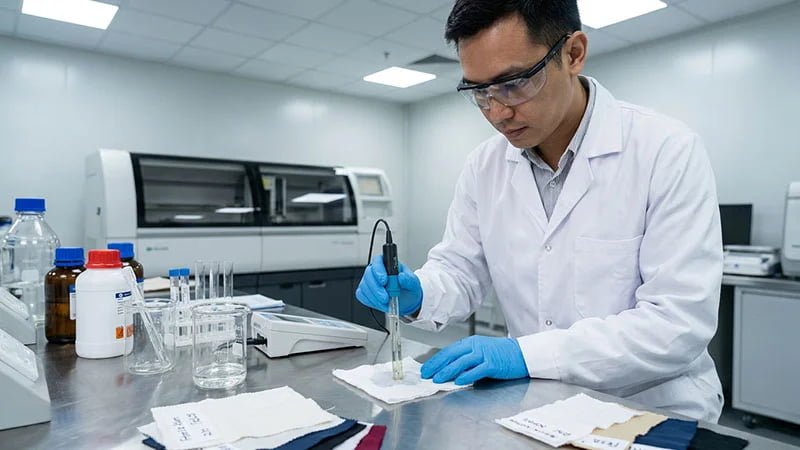 A lab technician testing the pH level of a piece of finished cotton fabric.