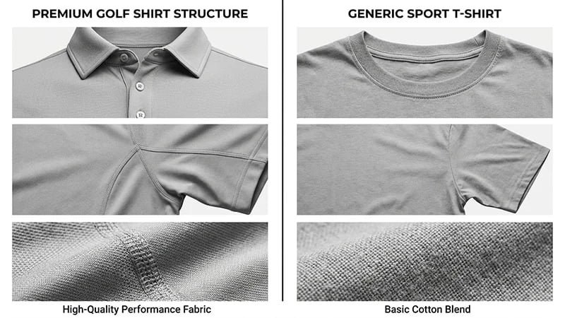 A collage showing the details of a golf polo versus a generic t-shirt.