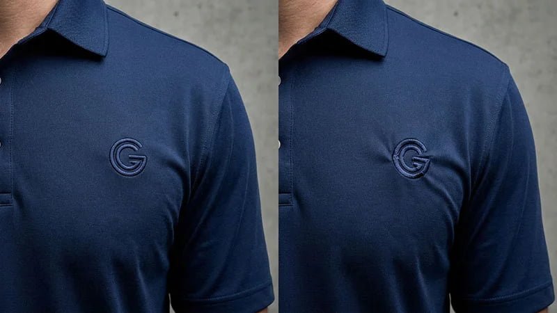A comparison of a well-placed logo versus a poorly placed, crooked logo.