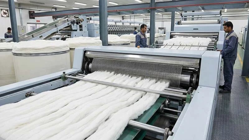 A machine with fine-toothed combs aligning cotton fibers.
