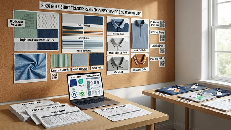 A mood board showing future golf apparel trends, including new collar styles, fabric textures, and sustainable materials.