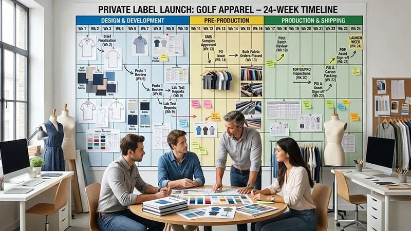 A 24-week calendar timeline for a private label apparel launch.