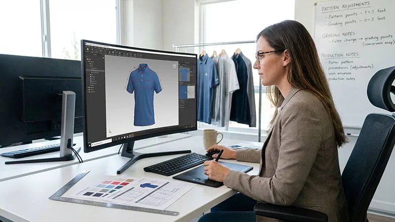 A technical designer reviewing a 3D garment sample on a computer screen.