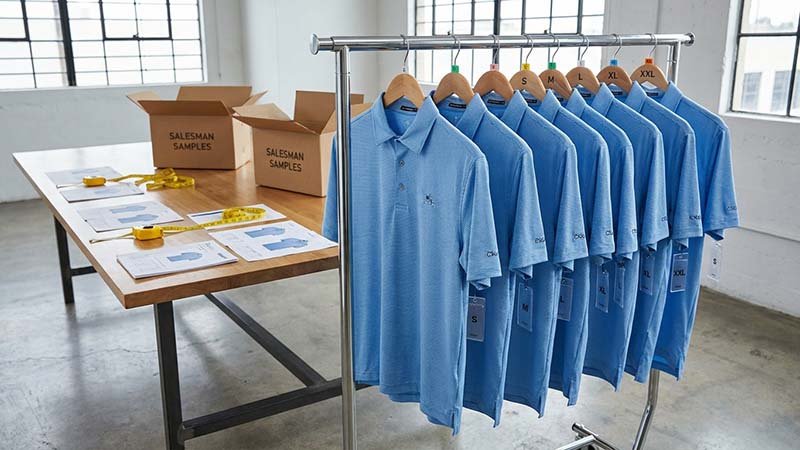 A rack of golf shirts in a full range of sizes, from S to XXL.