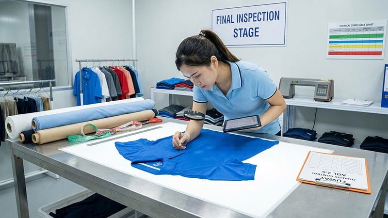 A quality inspector using a checklist to review a garment on an inspection table.