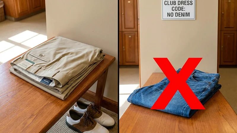 A side-by-side image showing acceptable golf chinos next to a pair of jeans with a red 'X' over them