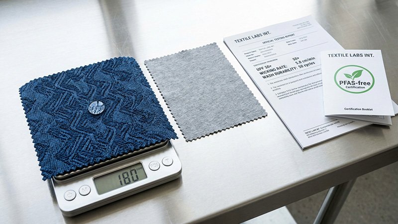 Analyzing fabric specifications and test reports A close-up of a high-performance jacquard knit fabric next to a lab testing report