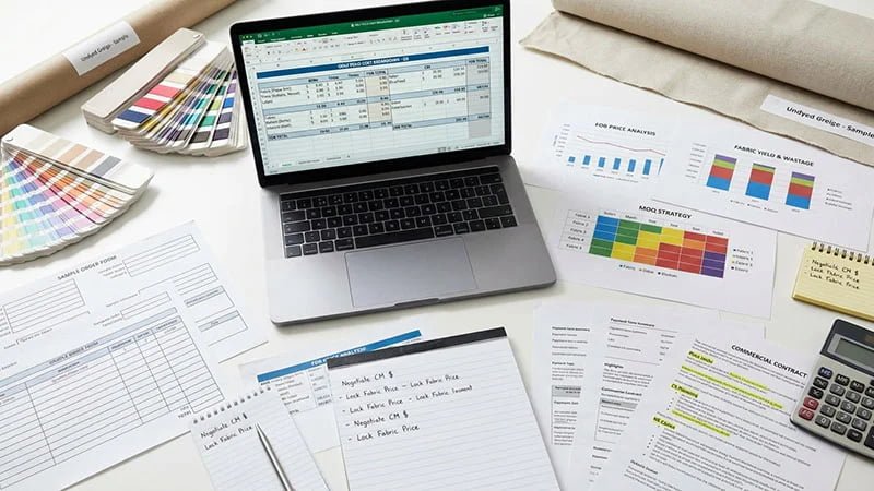 A spreadsheet showing a garment cost breakdown with BOM and CM costs.
