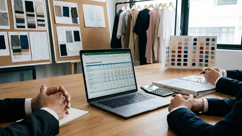 A calculator and a spreadsheet showing a cost breakdown for a garment.