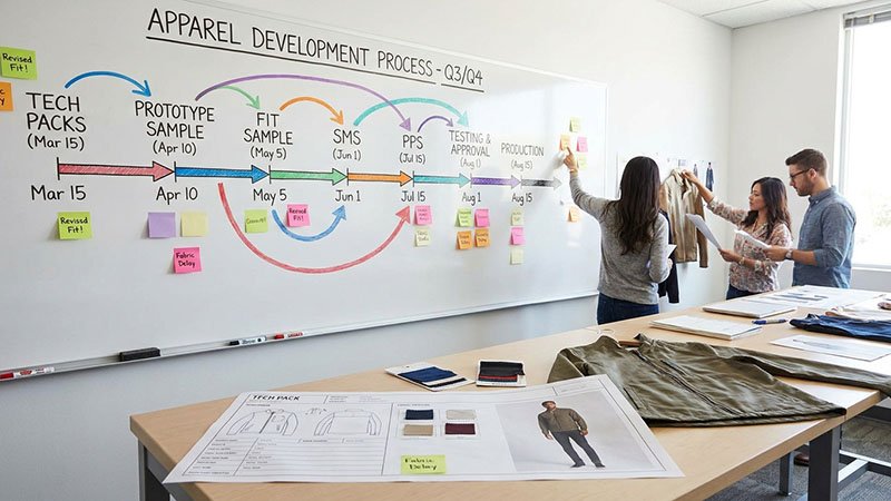 A timeline showing the apparel development process.
