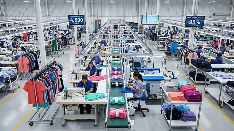 An active apparel production line with garments moving efficiently between stations.