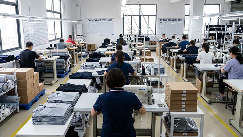 A busy golf apparel production line with workers at sewing stations.