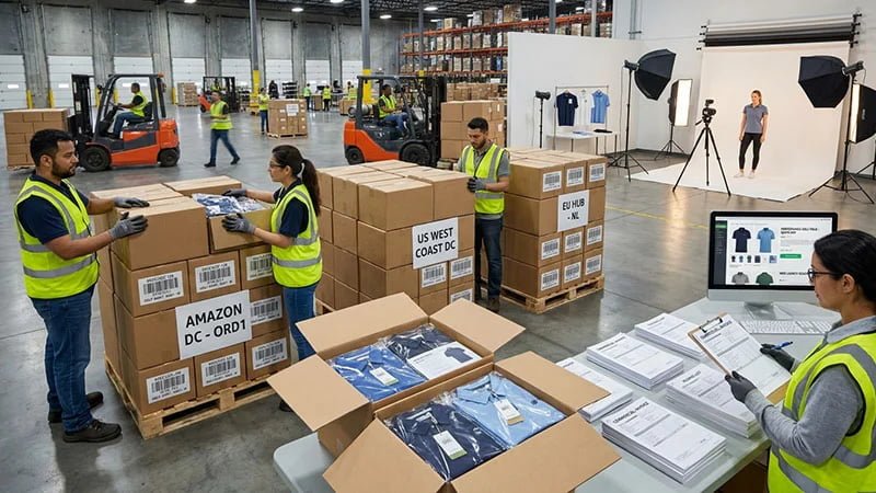 A warehouse receiving a shipment of cartons with correct barcode labels.
