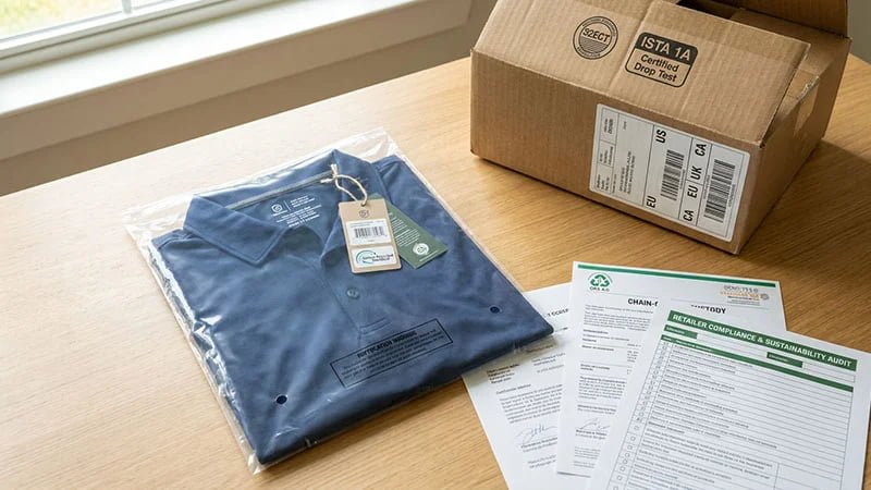A packed golf shirt with correct labels, hangtags, and recycled polybag.