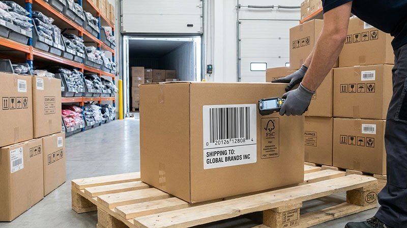 A neatly packed shipping carton sealed with a barcode label ready for export.