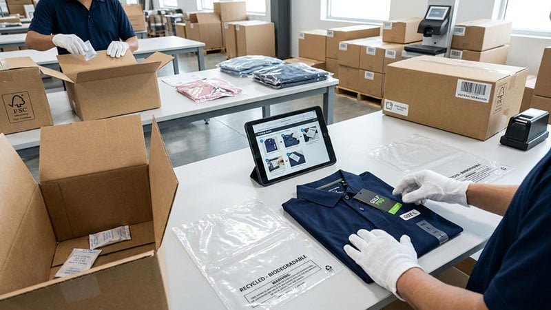 A neatly folded polo shirt with a hang tag, being placed into a sustainable polybag.