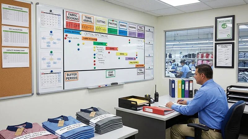 A production planning board showing the critical path from cutting to packing.