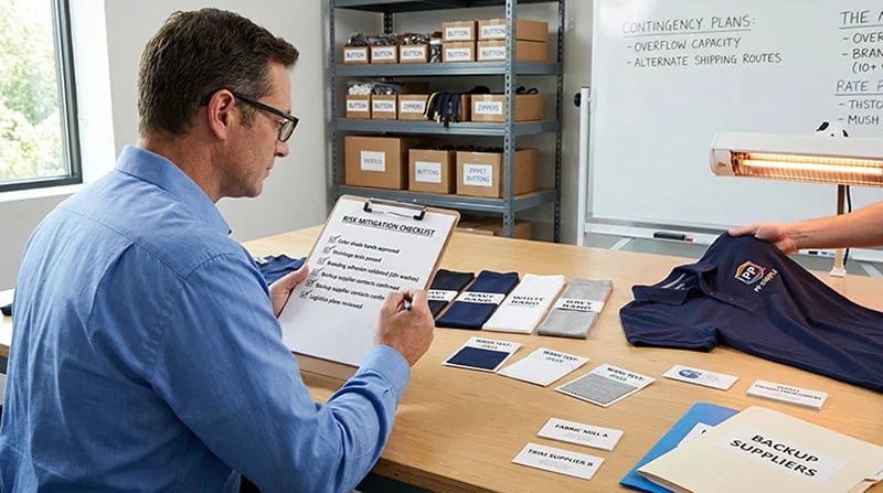 A checklist showing risk mitigation points for apparel production.